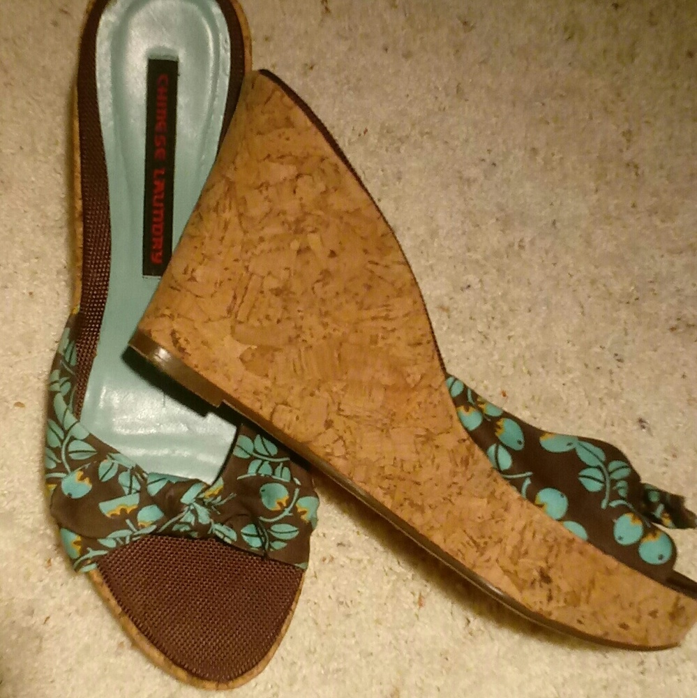 Teal and Brown Berry Design Cork Wedge Sandals
